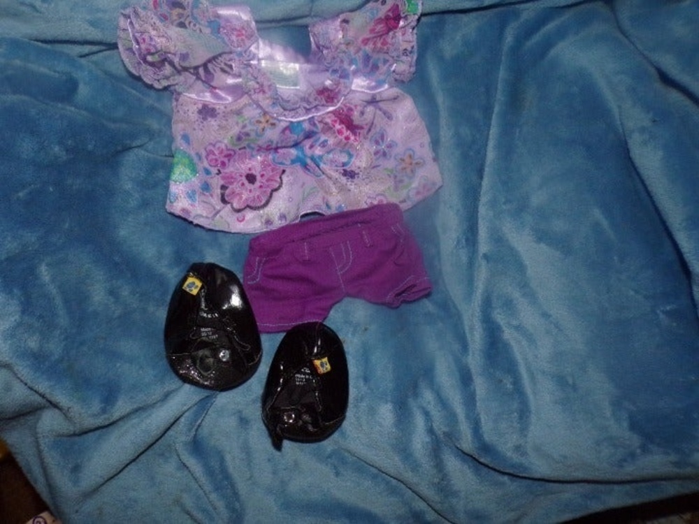 Build a Bear purple floral glitter top shorts and shoes